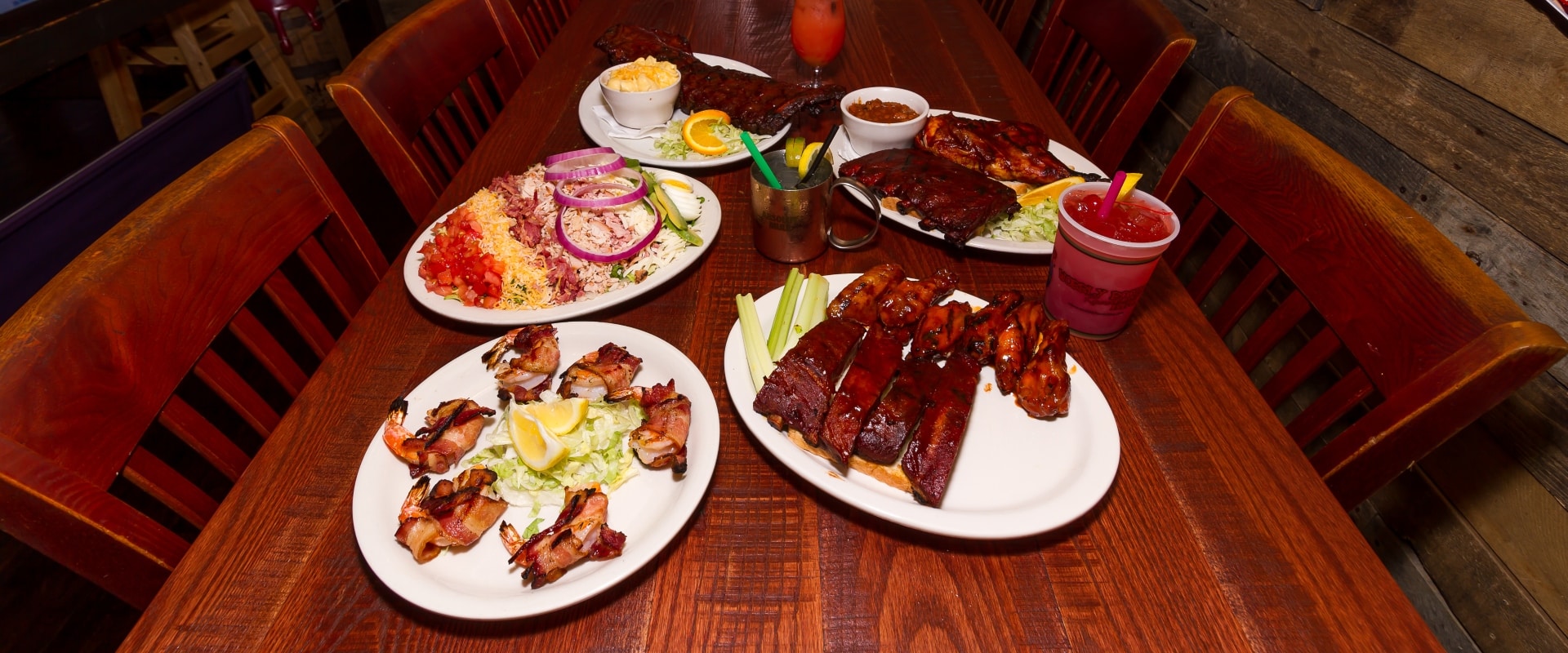 table of our some of our favorite BBQ, salads and shrimp